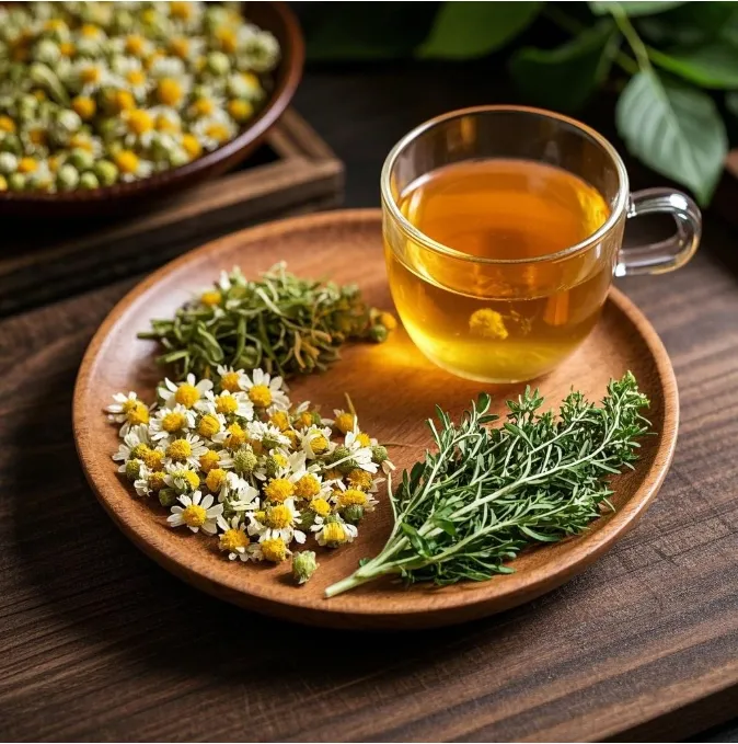 Dried chamomile flowers and lemon balm leaves with honey
