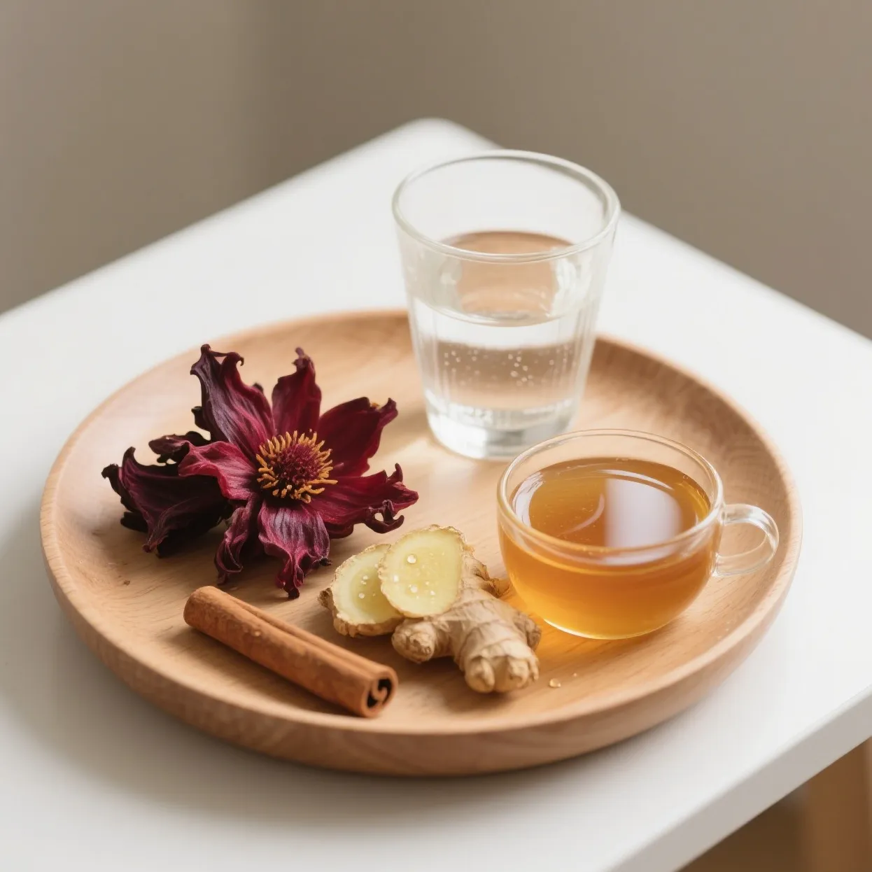 Dried hibiscus flowers, fresh ginger, and cinnamon sticks