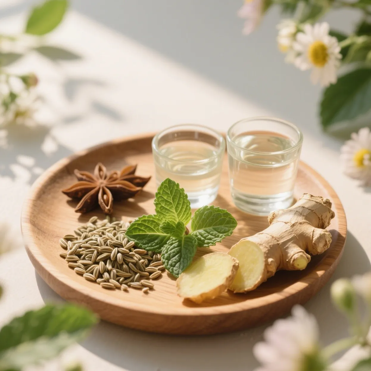Fresh fennel seeds, peppermint leaves, and sliced ginger root