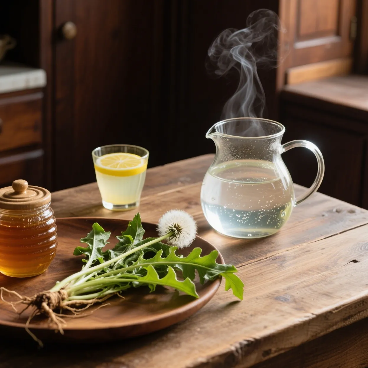 Fresh ingredients including dandelion leaves, lemon, and honey