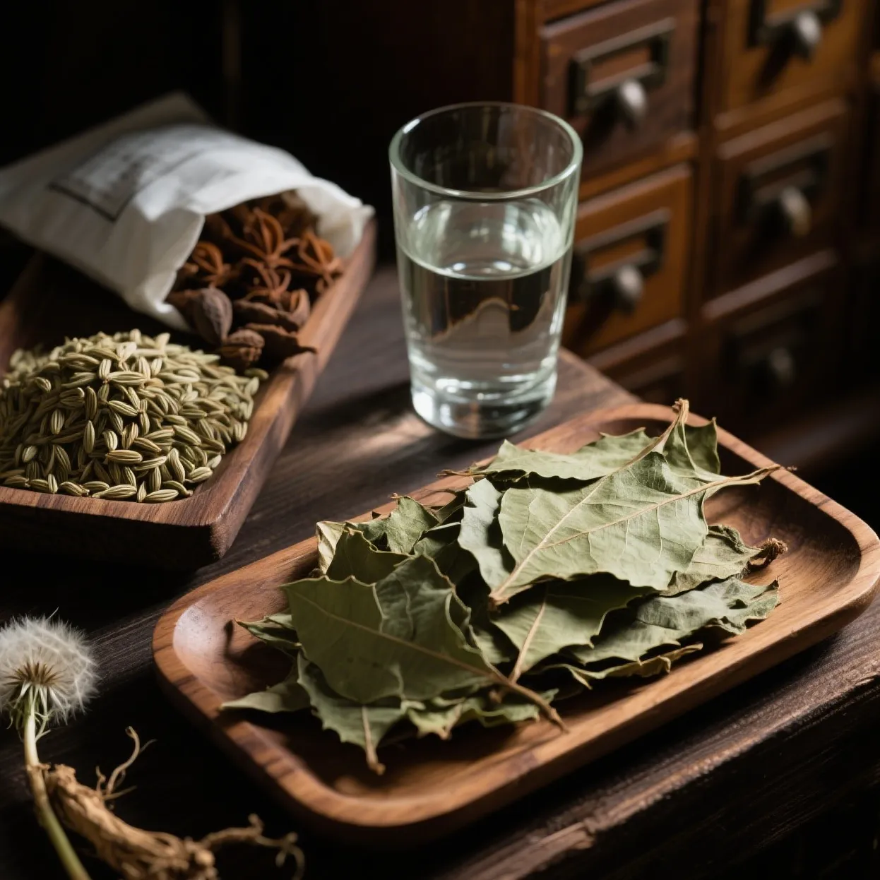 Various dried herbs and ingredients for the laxative blend