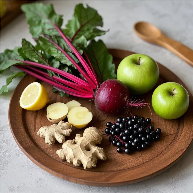 Fresh beetroot, aronia berries, apple, ginger and lemon