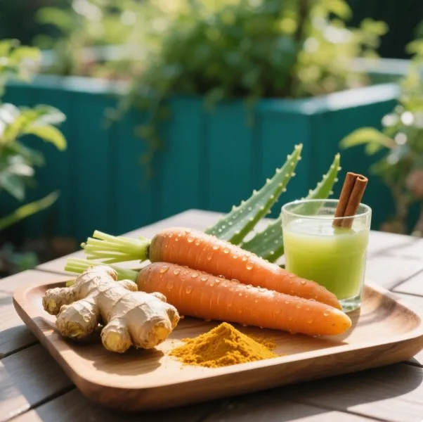 Fresh ingredients for acid reflux reliever including carrot, ginger, and spices