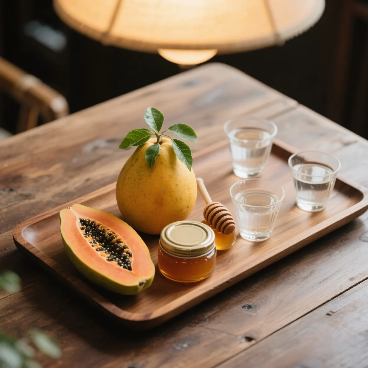 Fresh papaya with seeds and raw honey ingredients