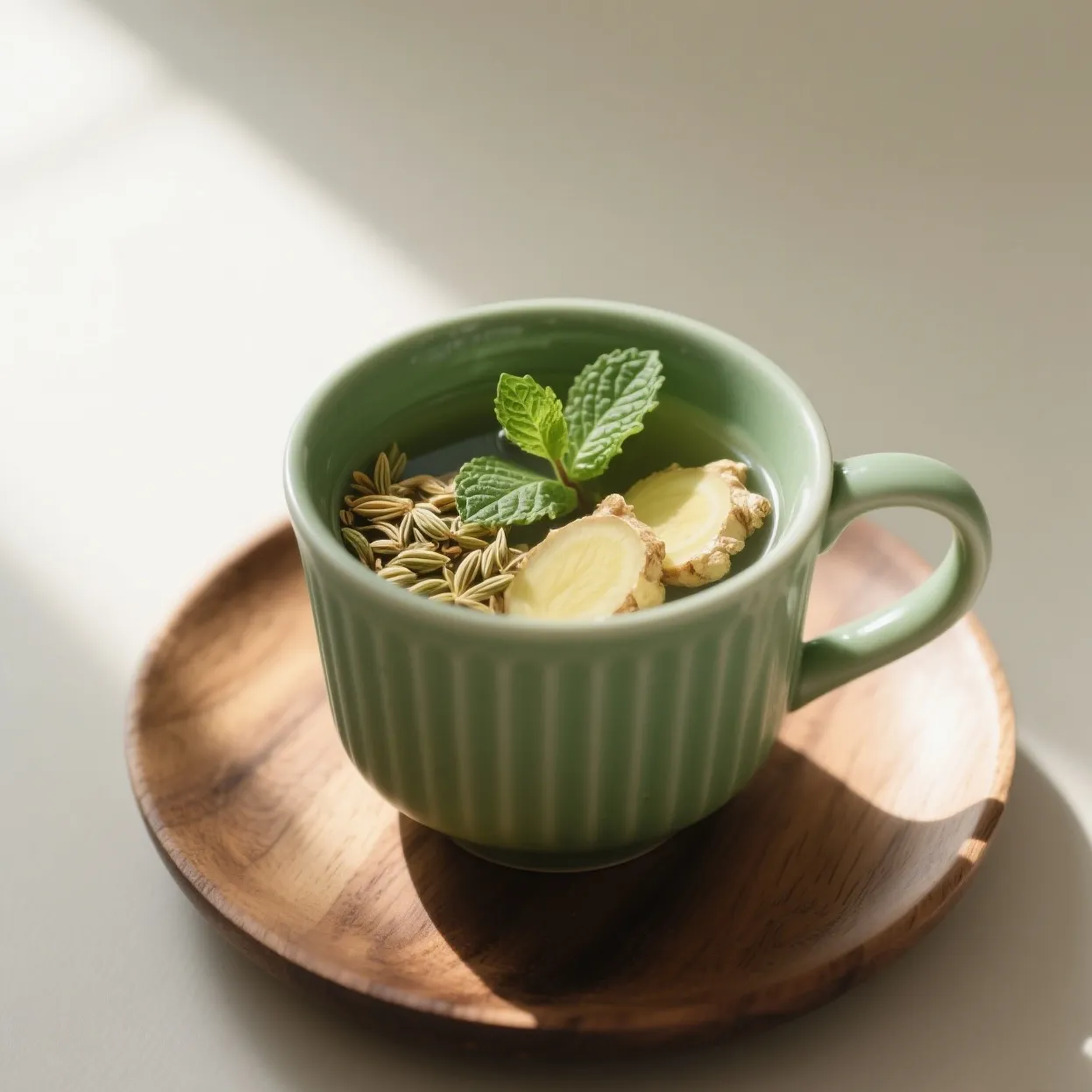 A cup of three-ingredient digestive tonic with fresh herbs