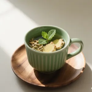 A cup of three-ingredient digestive tonic with fresh herbs