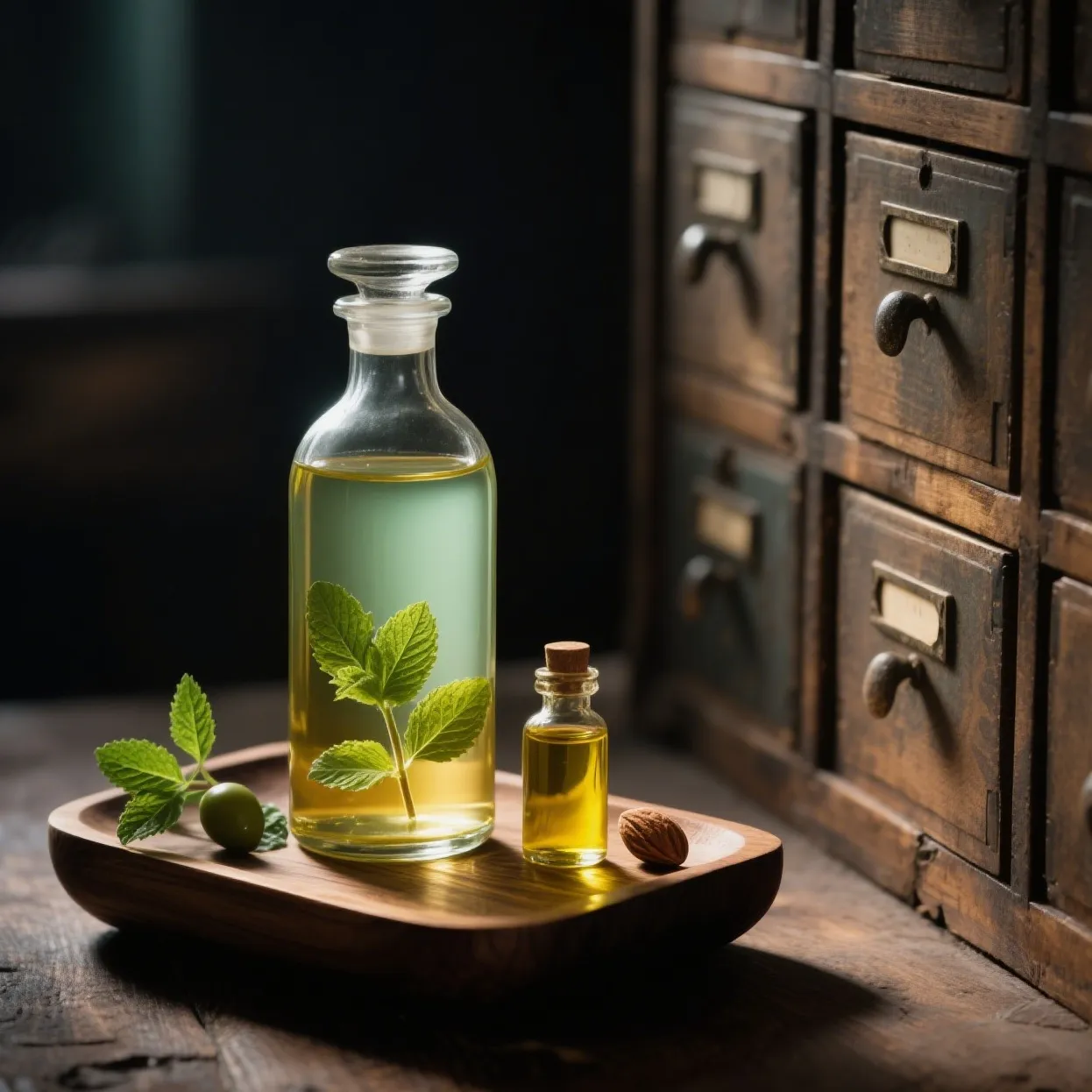 Homemade peppermint oil for IBS relief in a dark glass bottle