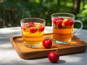 Heart Harmony Elixir with Hawthorn Berry - Two glasses of golden tea with floating red hawthorn berries on a wooden tray