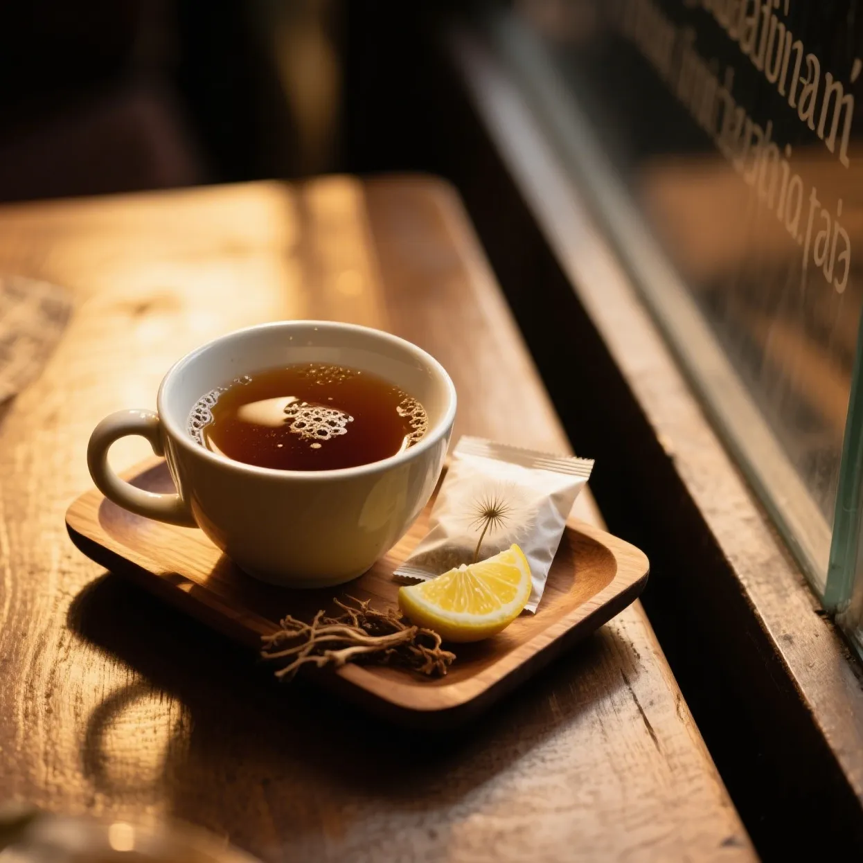 A glass of intestinal relief infusion with lemon and dandelion garnish
