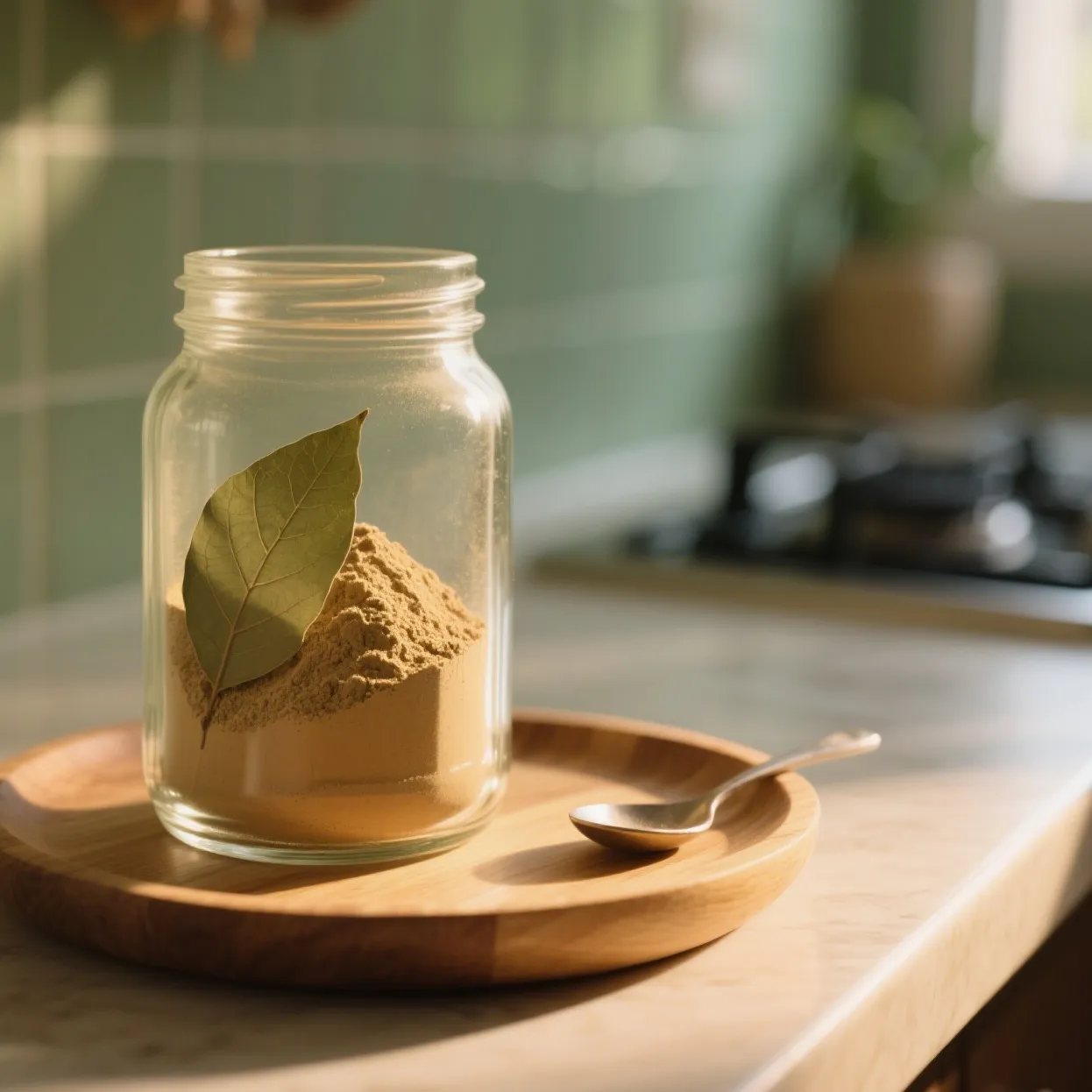 Fresh and dried moringa leaves with ground moringa powder in a glass jar