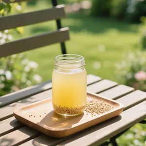 A glass of clear, slightly fizzy Rejuvelac with sprouted quinoa grains