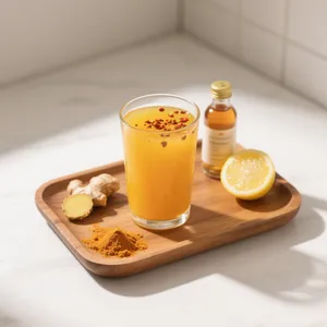 A small glass of golden-colored colon detox shot with turmeric and ginger