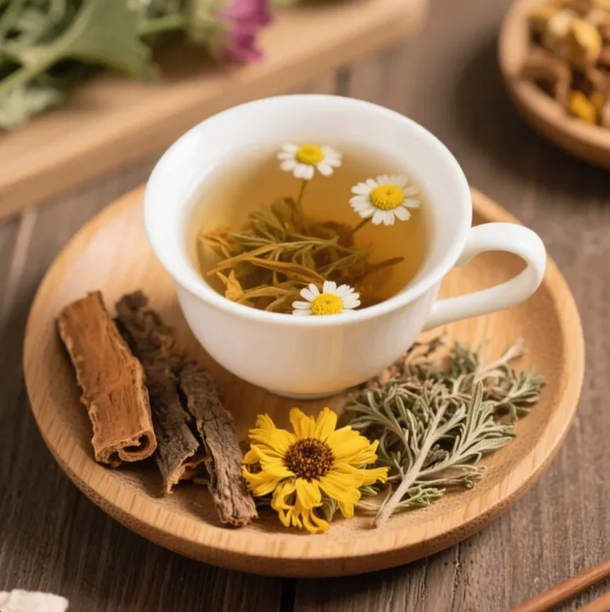 A cup of soothing herbal tea blend for digestive health